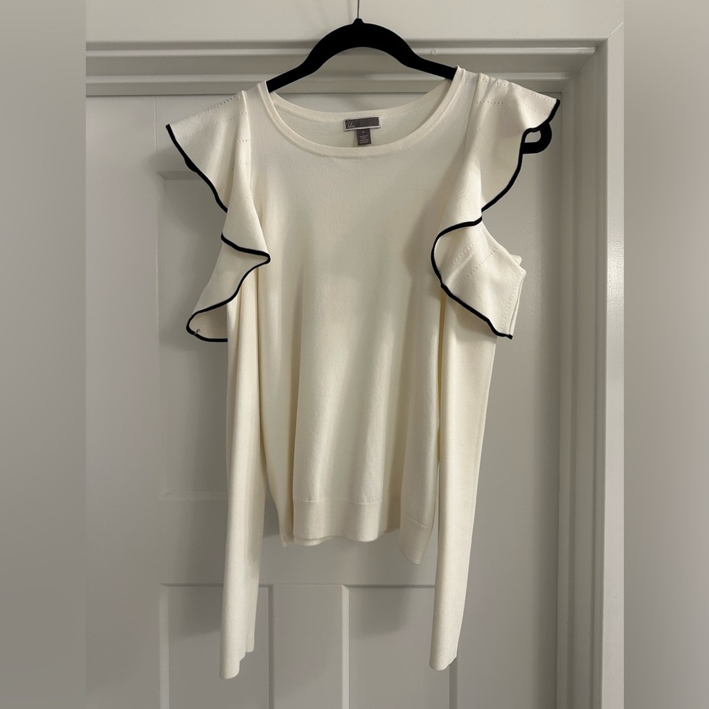 Cream and black ruffled open shoulder light sweater
